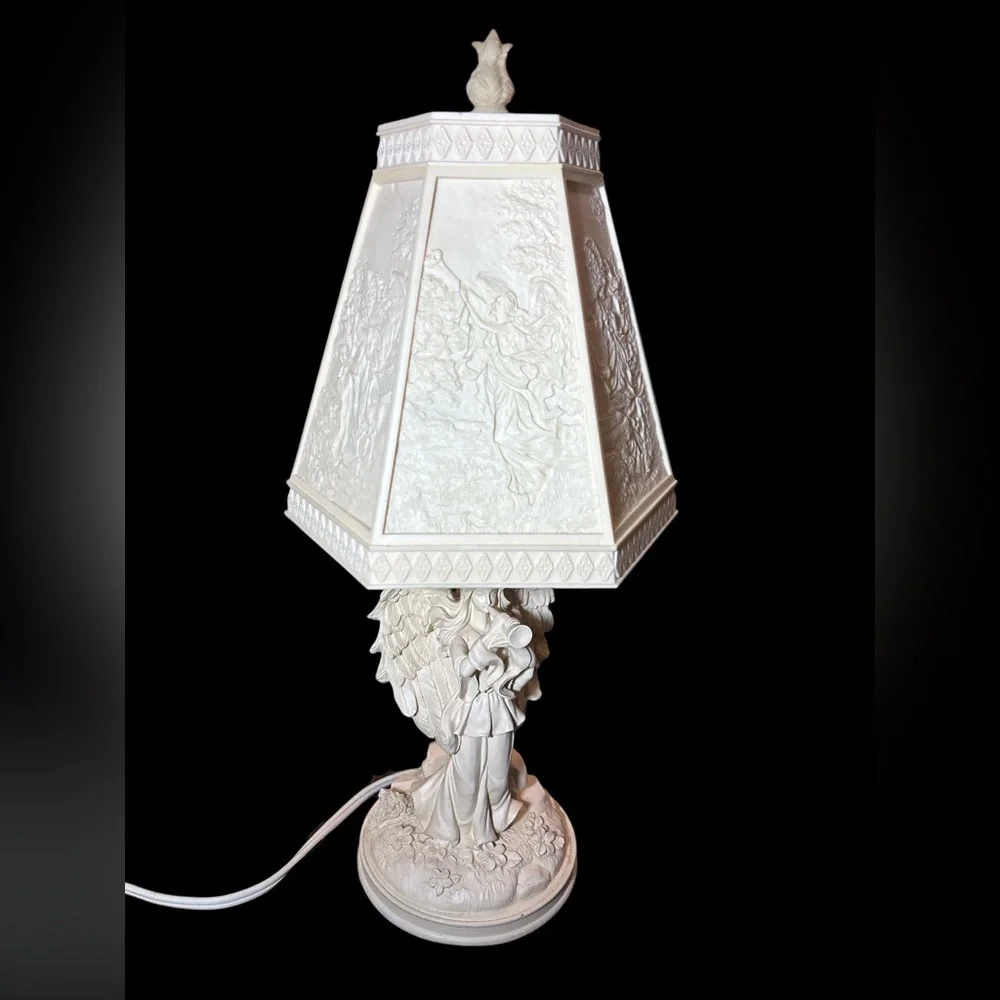 Vintage Angel Table Lamp Cream White Relief Shade Cherub Base Cottage Decor